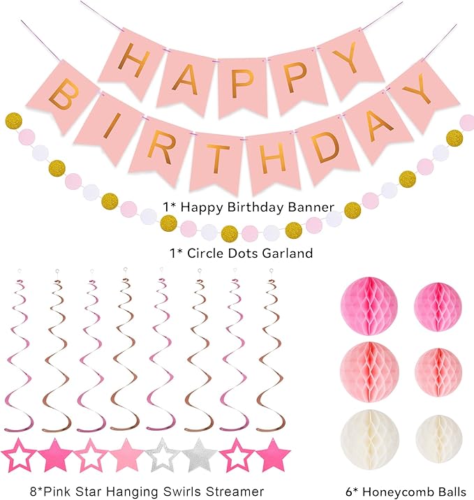 meowtastic Birthday Decorations, Happy Birthday Banner with Honeycomb Balls, Stars Hanging Swirls Streamers, Circle Dots Garland, Happy Birthday Party Decorations for Women Men Boys Girls (Pink)