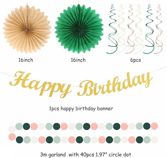 Sage-Green Pink-Gold Boho-Rustic Birthday Party-Decorations - 21pcs Happy Banner,Olive Retro Beige Paper Lanterns Pom Poms,Neutral Streamers Garland,Women Girls Decor Supplies Huglony
