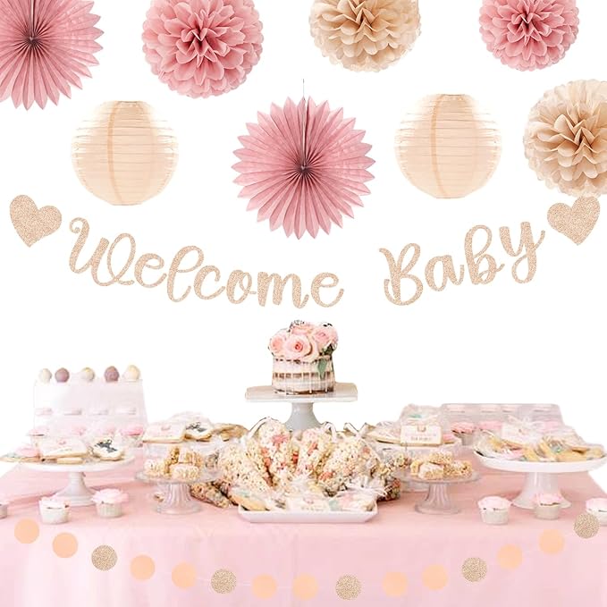 Blush-Pink Rose-Gold Fall Baby-Shower Party-Decorations - 31pcs Welcome Home Banner Sign,Neutral Paper Lanterns,Girl Streamers Garland,Boho Hanging Tissue Pom Poms Flowers Fans Backdrop Decor Burgleda