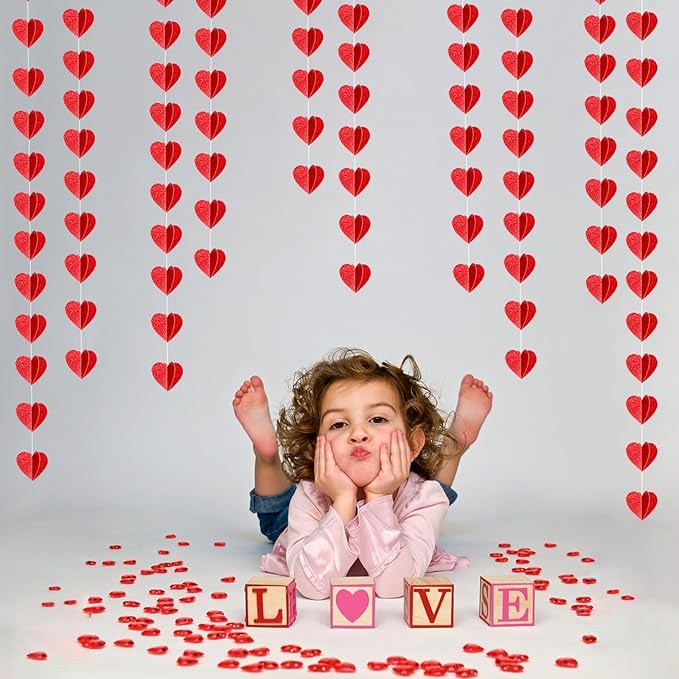 Party-Decorations Red Heart Garland - 39Ft 3D Special Night Galentines Hanging Paper Streamers Banner,Baby Girl Birthday Bachelorette Engagement Mohters Brunch Decor Ouruola