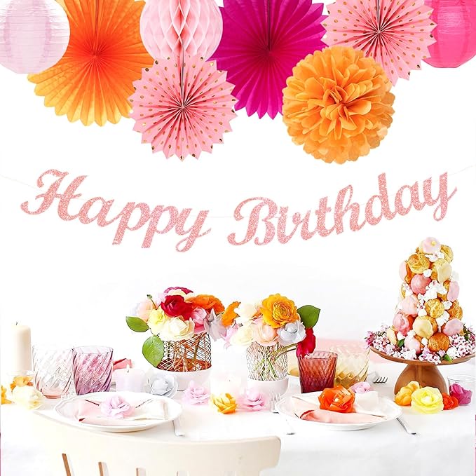 Hot-Pink Orange Fall Birthday Party-Decorations - 21pcs Autumn Women Peach Happy Banner,Girls Groovy Paper Streamers Lanterns Honeycomb,Tissue Flowers Pom Poms Fan, Boho Garland Room Decor