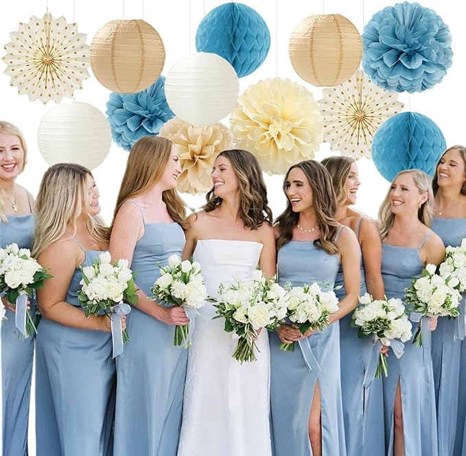 Light-Dusty Blue Beige-Champagne Boho Party-Decorations - 14Pcs Baby Bridal Shower Streamers Lanterns Honeycomb Fan,Tissue Pom Poms,Women Girls Birthday Bachelorette Wedding Backdrop Decor Ouruola
