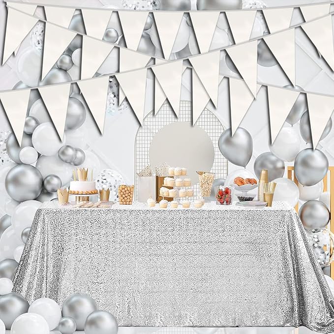 40M/130FT White Triangle Pennant Banner Flag Metallic Fabric Bunting Garland for Christmas Graduation Wedding Engagement Anniversary Bachelorette Birthday Bridal Shower Valentines Hen Party Supplies