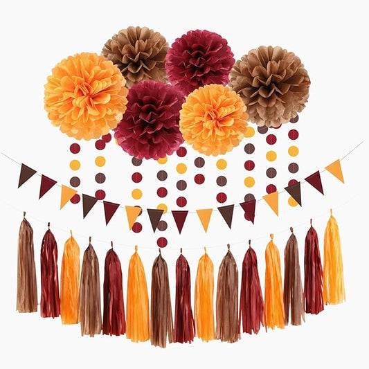 Brown Burgundy Orange Party-Decorations - 23pcs Fall Autumn Thanksgiving Harvest Paper Tissue Pom Poms Streamers,Rustic Boho Wedding Tassel Garland Banner,Birthday Baby Shower Decor Lasting Surprise