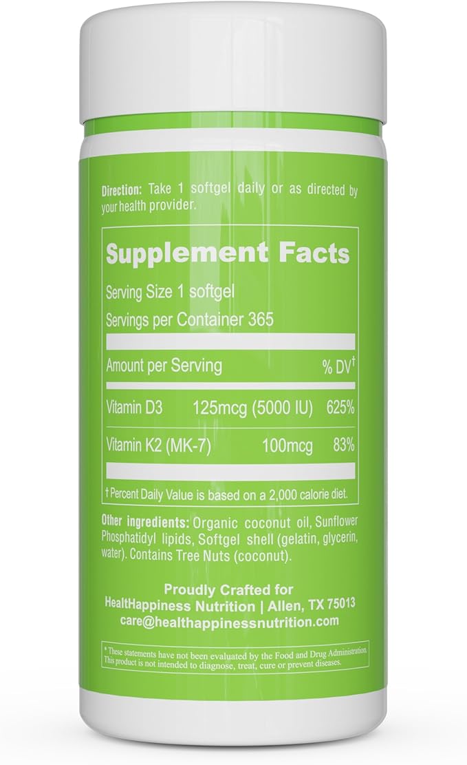 UpNourish Liposomal D3 & K2 MK-7, Advanced Absorption for Optimal Bone and Immune Health, Supplies 5000 IU 125 mcg Vitamin D3 and 100 mcg Vitamin k2 with Organic Coconut Oil, 365 Mini softgels