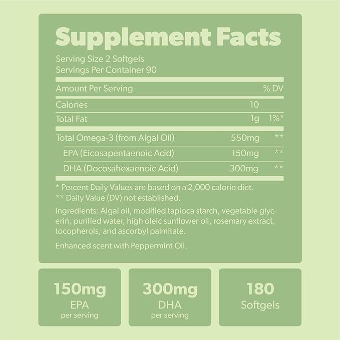 Vegan Omega 3 Supplement - Plant Based DHA & EPA Fatty Acids - Carrageenan Free, Alternative to Fish Oil, Supports Heart, Brain, Joint Health - Sustainably Sourced Algae, Fish Oil Free - 180 Softgels