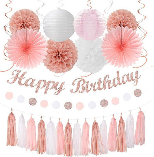 Rose-Gold Pink-White Happy Birthday Party-Decorations - 31pcs Sweet First 16 18th 21st Women Girls Paper Lanterns Streamers Banner,Tissue Pom Poms Decor,Flower Fans Tassels Graland Supplies Hugmoon