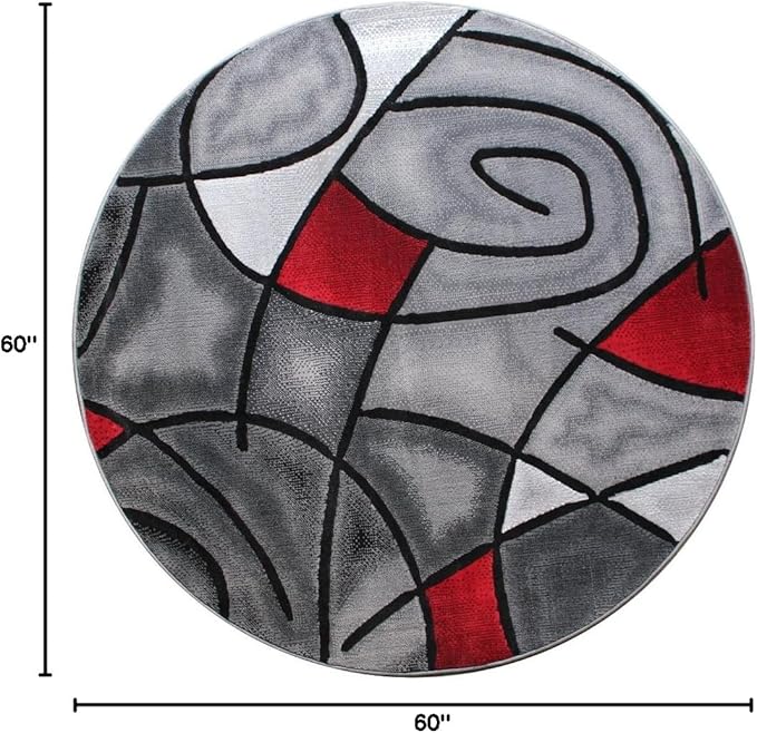 Masada Rugs, Modern Contemporary Round Area Rug, Red Grey Black. (5 Feet X 5 Feet) Round