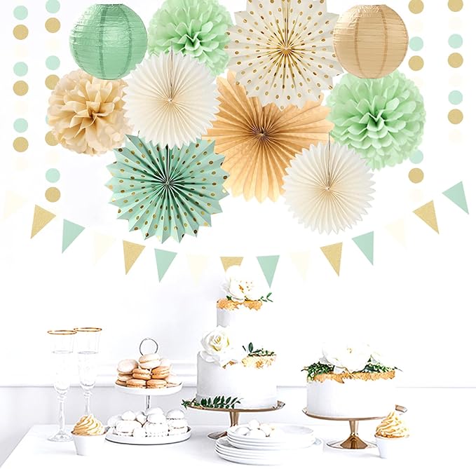 Sage-Green Beige Champagne-Gold Party-Decorations - 33pcs Neutral Women Birthday Baby Shower Banner,Streamers Tassel Garland,Tissue Pom Poms,Paper Lantern Fans,Boho Wedding Bachelorette Decor Hugtmr