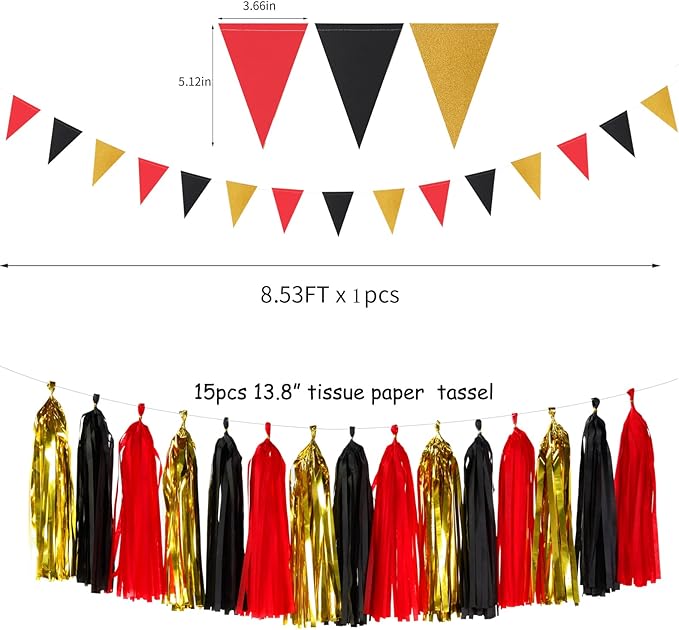 Red-Black Gold Casino-Theme Graduation Party-Decorations - 23pcs Kits Game Night Streamer Tissue Paper Pom Poms,Tassel Garland Banner,Birthday Wedding Baby Bridal Shower Decor Lasting Surprise