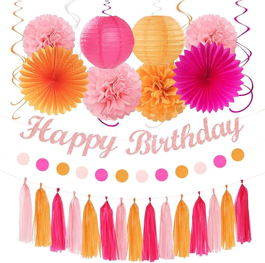 Hot-Pink Orange 21st Happy-Birthday Party-Decorations - 31pcs Sweet 16 18th Women Girls Paper Lanterns Streamers Banner,Tissue Pom Poms Fans Tassels Graland Decor,Fall Boho Backdrop Supplies Hugmoon