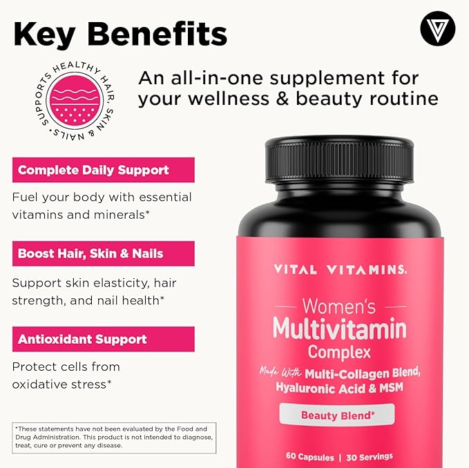 Vital Vitamins Women's Multivitamin Complex - Made with Multi-Collagen Blend, Hyaluronic Acid, & MSM - Beauty Multivitamins - with Vitamin A, C, E, B6, B12, D3-60 Capsules