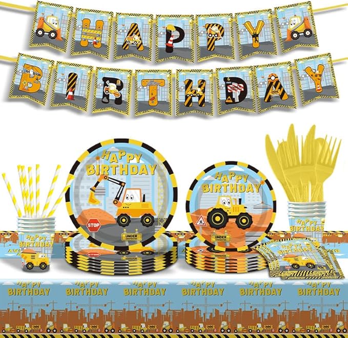 Construction Vehicle Paper Plates Set,162 Pcs Paper Plates Napkins Cups Tablecloth Knives Fork Spoon Papers Banner and Straws for Party Supplies Serves 20 Guests (Boys)