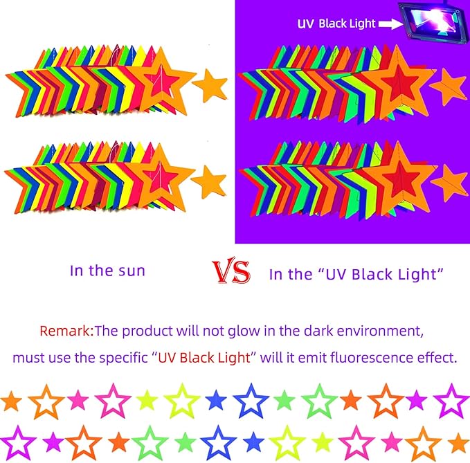 126feet UV Paper Garland Hollowed Star Neon Streamers Black Light Decorations Glow Party UV Reactive Party Favors Glow in The Dark Supplies and Decorations Wedding Birthday Banner