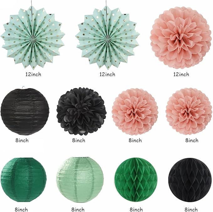 Sage-Green Blush-Pink Black Birthday Party-decorations - 21pcs Girls Woman Happy Banner Garland, Paper Streamers Lanterns,Flower Tissue Pom Poms Fan Supplies,Wall Backdrop Decor Huglony