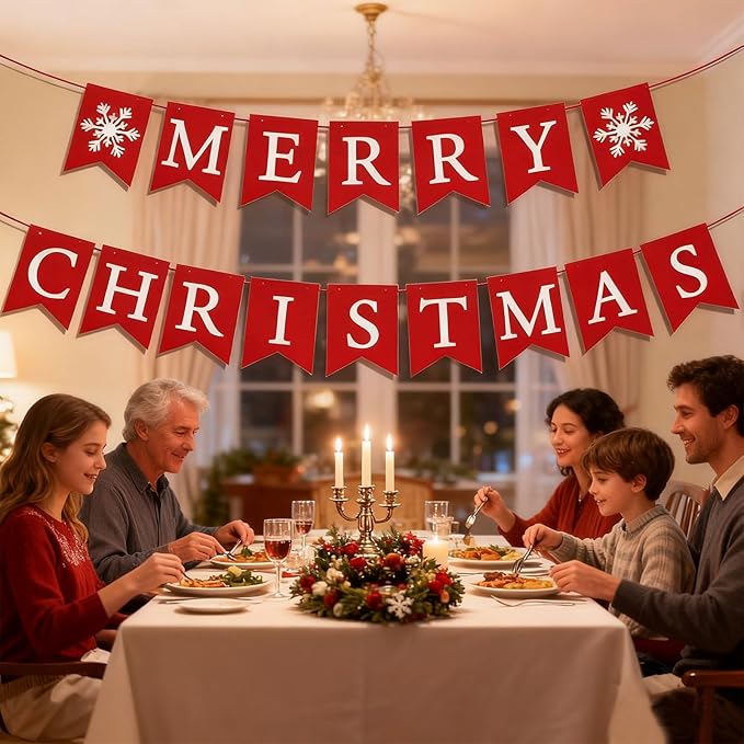 Red Merry Christmas Banner, Christmas Party Decorations, Indoor Outdoor Home Hanging