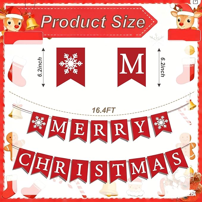 Red Merry Christmas Banner, Christmas Party Decorations, Indoor Outdoor Home Hanging