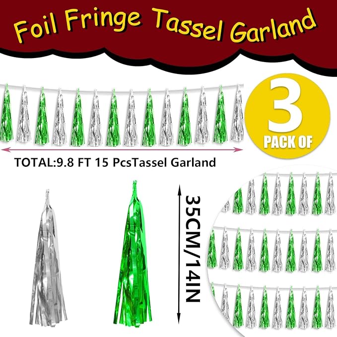3P Metallic Fringe Tassel Banner Garland Foil Tinsel Streamer Wall Hanging Curtain Backdrop Banner for Parade Floats, Graduation Decorations, Father's Day Party Decoration(Green Silver)