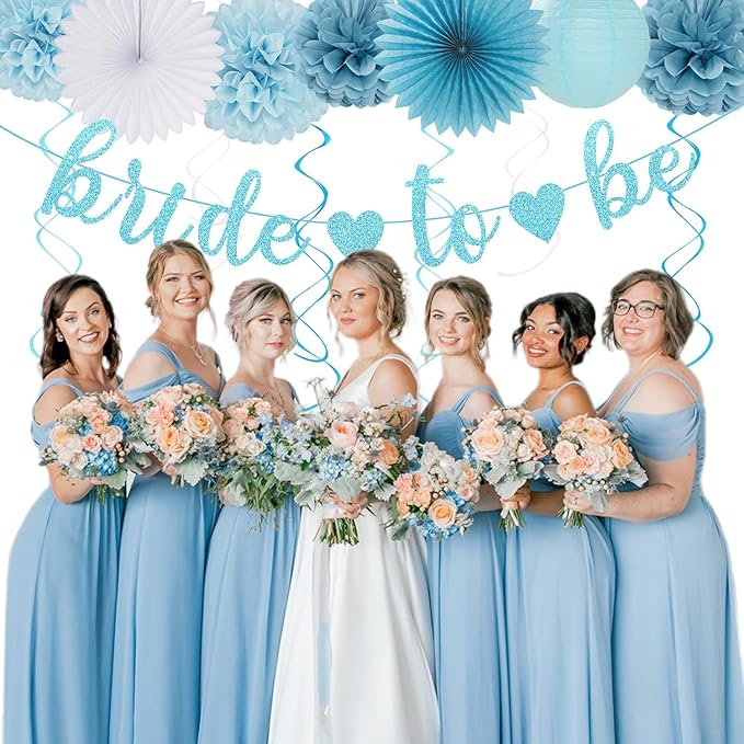 Dusty-Blue White Bridal-Shower Bachelorette Party-Decorations - 22pcs Girls Bride To Be Banner, Light Paper Lanterns Streamers, Tissue Pom Poms Flowers Fans Wedding Decor Backdrop Hugmoon