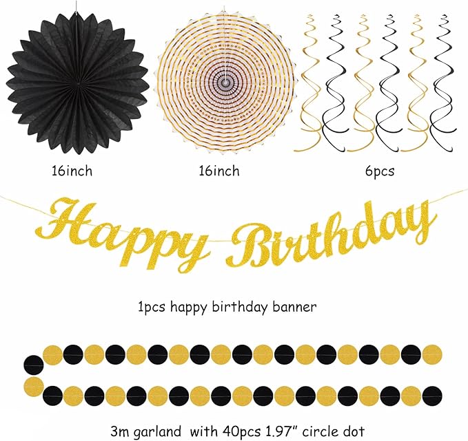 Black Gold Women-Men Birthday Party-decorations - 21pcs Happy Banner,Paper Streamers Lanterns Honeycomb,Tissue Pom Poms Fan,Classroom Birthday Supplies Decor Huglony