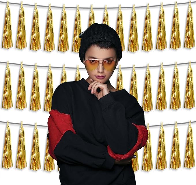 3P Metallic Fringe Tassel Banner Garland Foil Tinsel Streamer Wall Hanging Curtain Backdrop Banner for Parade Floats, Graduation Decorations, Wedding Party Decoration(Gold)