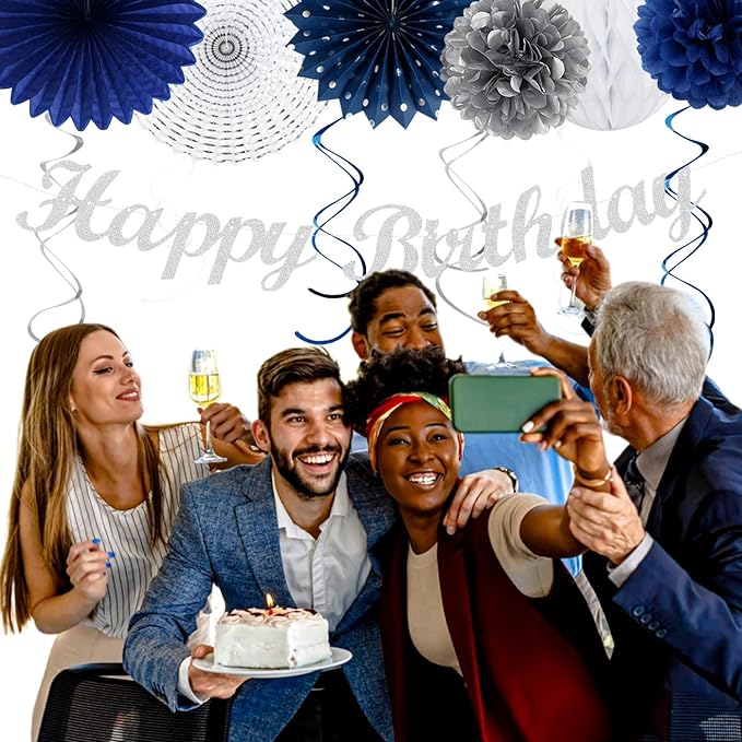 Navy-Blue White Sliver Birthday Party-decorations - 21pcs Men Boys Adult Happy Banner Garland, Royal Paper Streamers Lanterns,Flower Tissue Pom Poms Fan Supplies, Wall Backdrop Decor Huglony