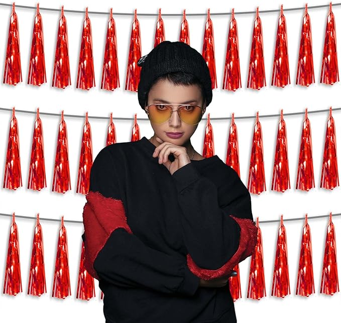 3P Metallic Fringe Tassel Banner Garland Foil Tinsel Streamer Wall Hanging Curtain Backdrop Banner for Parade Floats,Graduation Decorations, Wedding Party Decoration(Red)