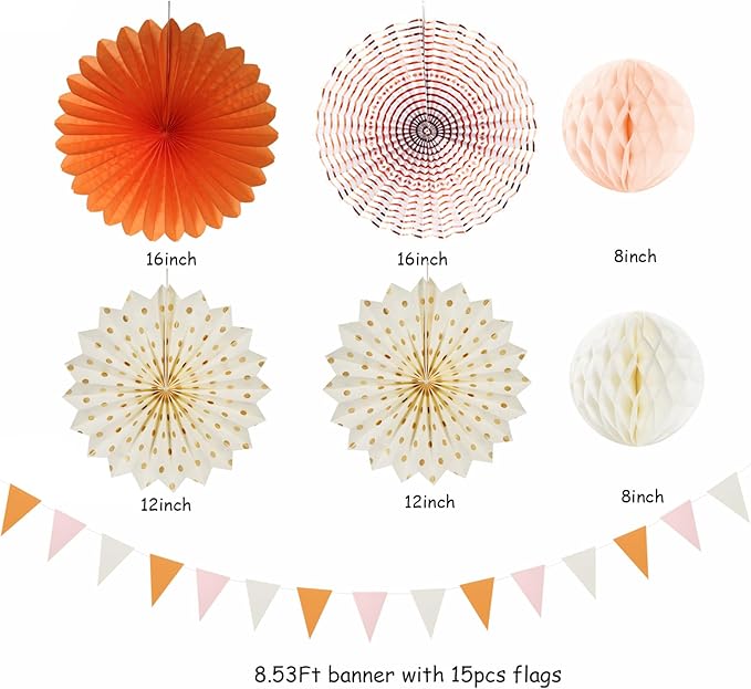 Beige-Orange Peach Fall-Boho Hanging Party-Decorations - 20pcs Autumn Friendsgiving Baby Shower Paper Lanterns Fans,Tissue Pom Poms,Honeycomb Balls,Thanksgiving Wedding Bridal Birthday Decor Burgleda