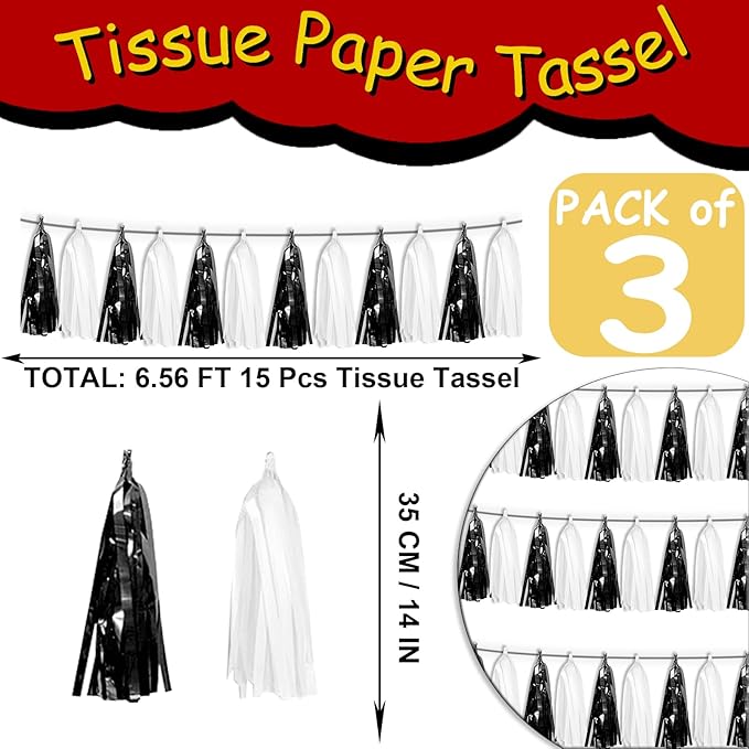 3P Black White Foil Fringe Tassel Banner Metallic Tinsel Streamer Garland Wall Curtain Backdrop for Parade Floats, Graduation, Halloween, Christmas, Father's Day Party Decorations