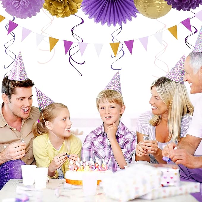 Purple-Lavender White Gold Party Decorations - 20pcs Graduation Birthday Paper Lanterns Fans,Tissue Pom Poms,Honeycomb Balls,Baby Shower Bridal Wedding Bachelorette Valentines Day Decor Burgleda