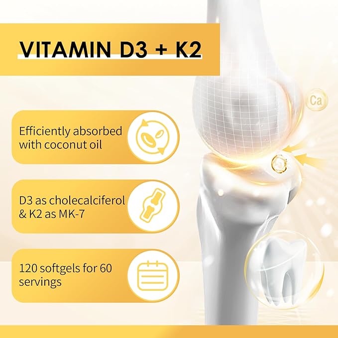 Vitamin D3 K2 Supplement with Vitamin D3 5000 IU, 200 mcg Vitamin K2 MK-7 & Natural Coconut Oil, Plant Based 2-1 Formula for Bone, Teeth, Muscle and Immune Health Support (60 Count (Pack of 1))