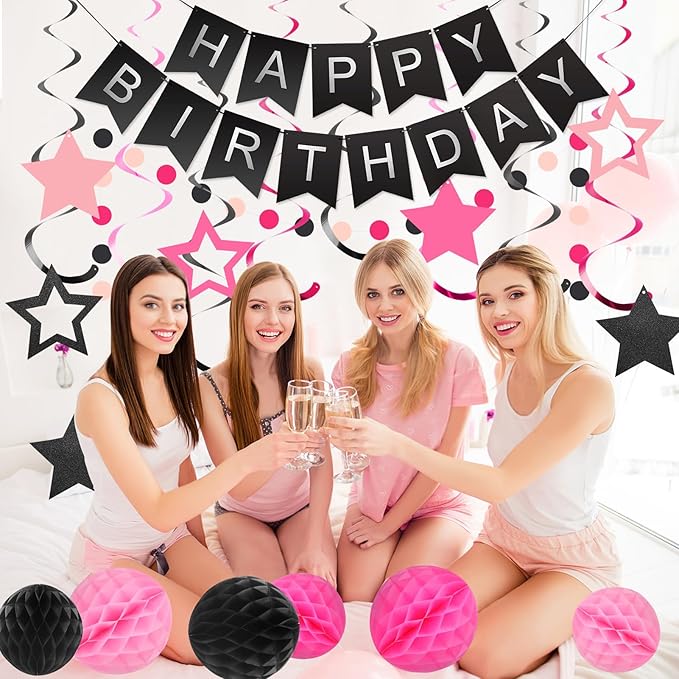 meowtastic Birthday Decorations, Happy Birthday Banner with Honeycomb Ball, Stars Hanging Swirl Streamer, Circle Dots Garland, Happy Birthday Party Decorations for Women Men Boys Girls (Black & Pink)