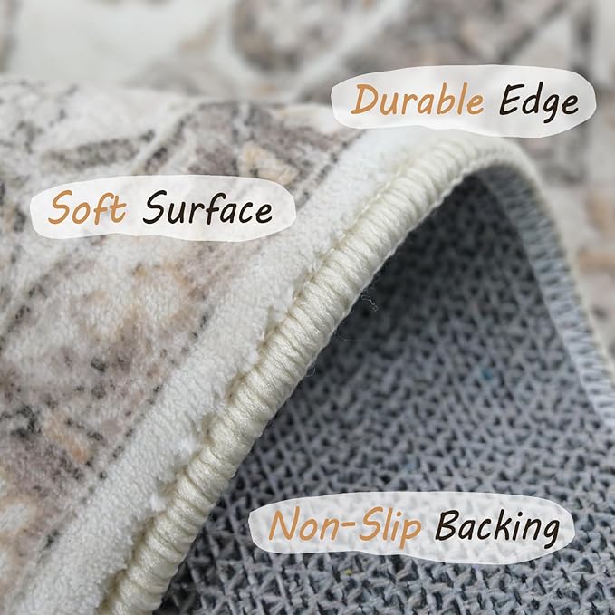 8x10 Area Rug Washable Living Room Carpet Bedroom Rug, Retro Accent Throw Distressed Rug, Easy Cleaning (Cream Beige)