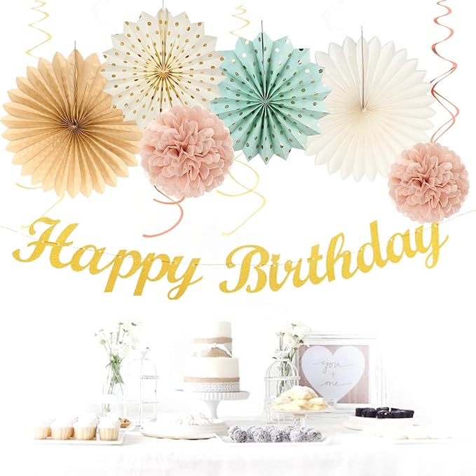 Sage-Green Blush-Pink Beige Birthday Party-Decorations - 21pcs Happy Banner,Cream Light Dusty Pink Paper Lanterns Pom Poms,Rustic Boho Neutral Streamers Garland,Women Girls Decor Supplies Huglony