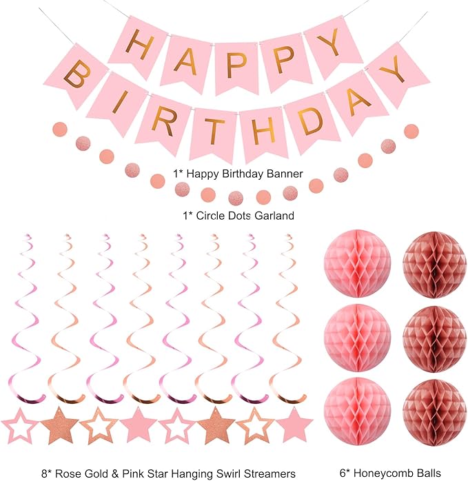 meowtastic Birthday Decorations, Happy Birthday Banner with Honeycomb Ball, Star Hanging Swirl Streamer, Circle Dot Garland, Happy Birthday Party Decoration for Women Men Boy Girls (Rose Gold & Pink)