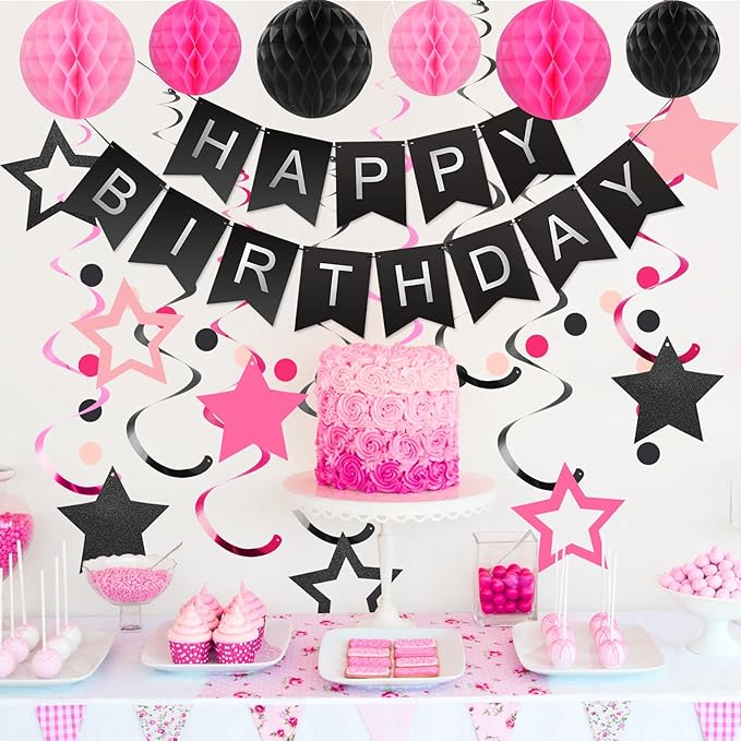 meowtastic Birthday Decorations, Happy Birthday Banner with Honeycomb Ball, Stars Hanging Swirl Streamer, Circle Dots Garland, Happy Birthday Party Decorations for Women Men Boys Girls (Black & Pink)