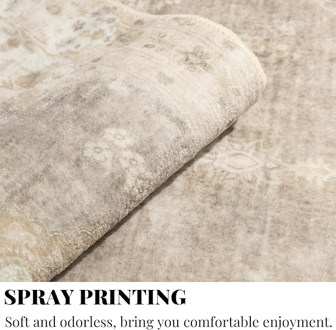 MUJOO Beige Rug 8'x10' Area Rugs for Living Room Bedroom Dining Room,Large Washable Boho Bohemian Vintage Distressed Farmhouse Non Slip Carpet, Floral Flowers