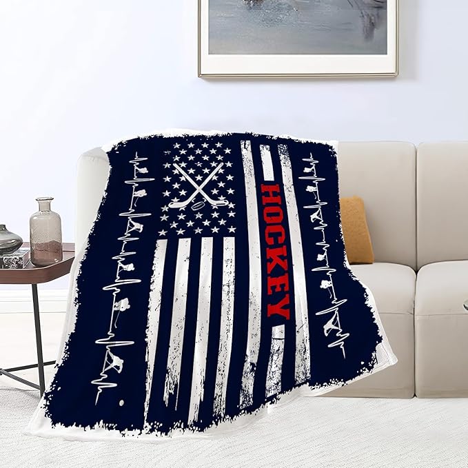 Hockey Blanket, Navy Blue American Flag Throw Blanket Hockey Gifts for Men Women Boys Girls Lover Adult Cozy Fleece Flannel Bedding Stuff Plush for Couch Sofa Bed Decor 60"X50"