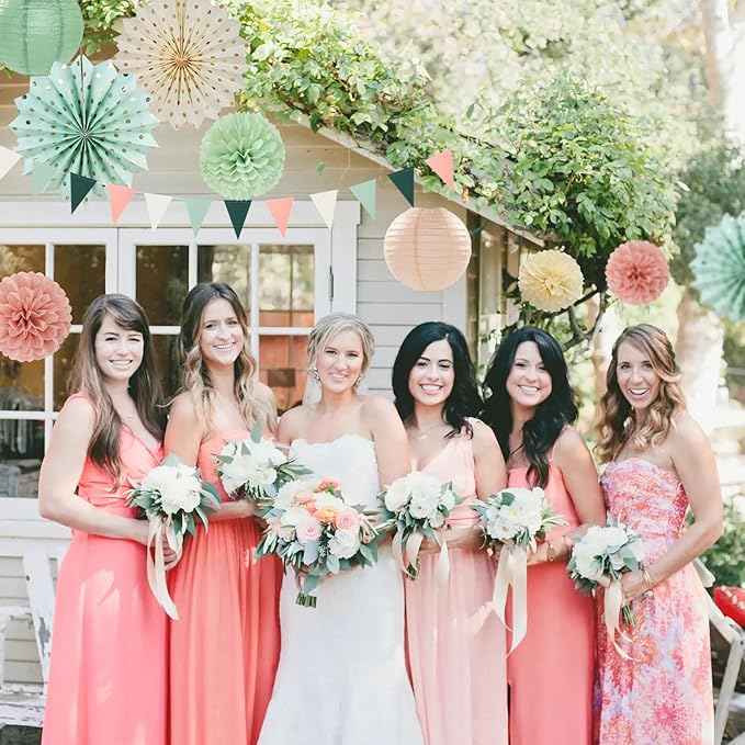 Sage-Green Pink Party-Decorations Paper-Flowers Lanterns - 20PCS Boho Rustic Tissue Pom Poms Streamers Fans Honeycomb, Birthday Baby Shower Neutral Garden Wedding Hanging Supplies Decor Burgleda