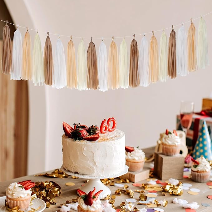Boho Baby-Shower White-Brown Champagne Fall Party-Decorations - 33pcs Banner,Streamers Tassel Garland,Tissue Pom Poms Honeycomb,Paper Lantern Fan,Autumn,Bridal,Christmas,Birthday,Wedding Decor Hugtmr