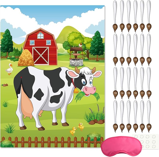 FEPITO Pin The Tail on The Cow Birthday Party Game with 24 Pcs Tails for Decorations, Kids Birthday Party Decorations