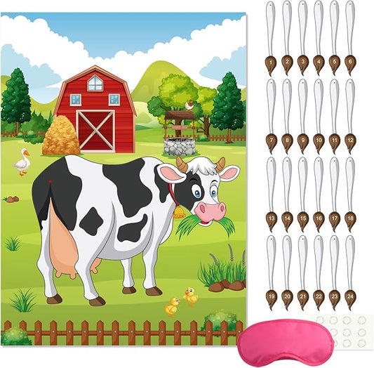 FEPITO Pin The Tail on The Cow Birthday Party Game with 24 Pcs Tails for Decorations, Kids Birthday Party Decorations