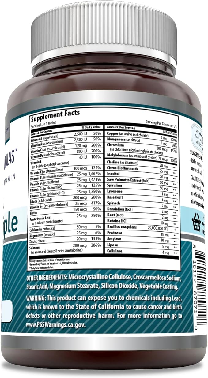 Amazing Formulas Men's Multivitamin | Food Based | Tablets Supplement | Perfect Blend of Vitamins, Minerals, 25 Million CFU probiotics & Food-Based enzymes (1 Pack, 75 Count)