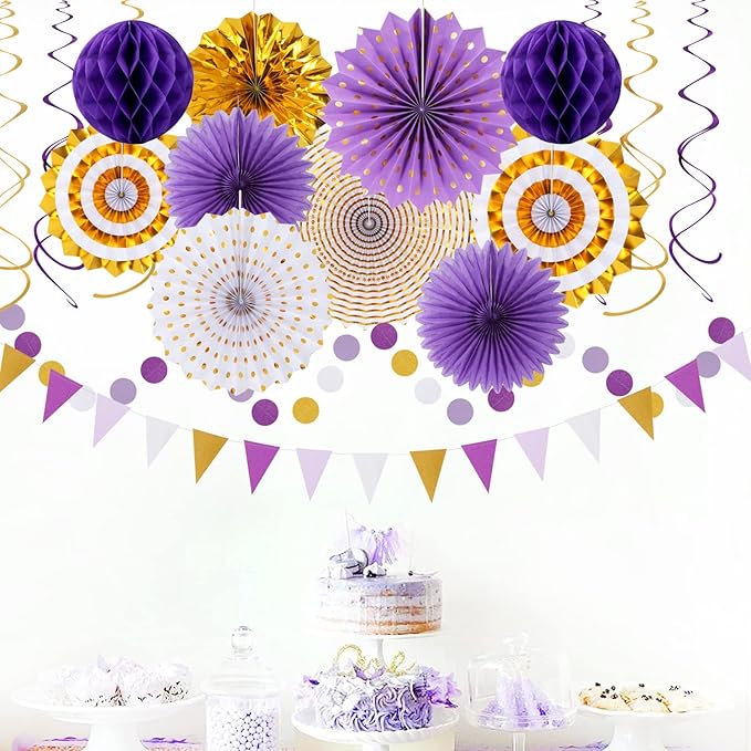 Purple-Gold Graduation Party-Decoration - 33pcs Kits Banner, Streamers Tassel Garland,Tissue Pom Poms Honeycomb, Paper Lantern Fans,Wedding Girl Birthday Baby Bridal Shower Decor Hugtmr