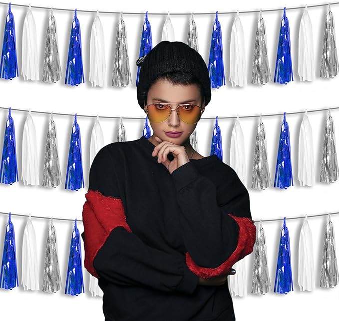 3P Metallic Fringe Tassel Banner Garland Foil Tinsel Streamer Wall Hanging Curtain Backdrop Banner for Parade Floats, Graduation Decorations, Retirement Party Decorations(Navy Blue White Silver)