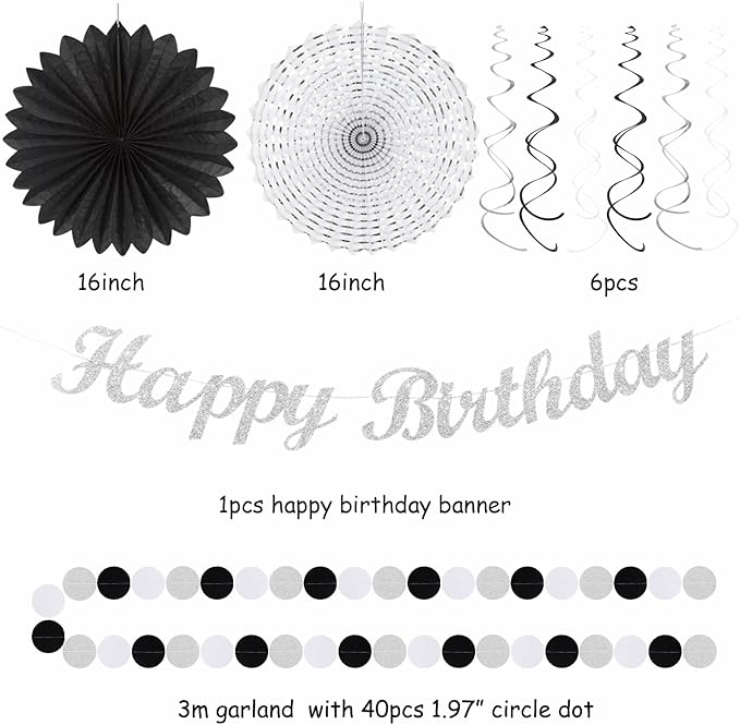 Black White Silver Birthday Party-decorations - 21pcs Boys Men Happy Banner,Paper Streamers Lanterns Honeycomb,Tissue Pom Poms Fan,Adult Supplies Decor 16th 20th 40th 45th 50th 60th Huglony