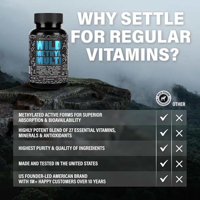 Wild Methylated Multivitamin for Women & Men | Daily Multi Vitamin | MTHFR Supplement Without Iron | Methylated B12, Folate, Vitamin C, A, K2, D, E, Choline, Biotin, ALA, CoQ10 & More (60 Capsules)