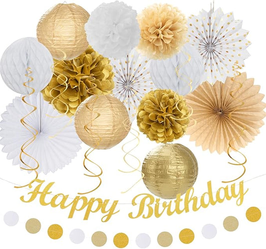 White Champagne Gold Birthday Party-Decorations - 21pcs Happy Birthday Banner,Paper Lanterns,Tissue Pom Poms Flower Fan,Honeycomb Ball,Swirl Streamers Garland Supplies Women Men Decor Huglony