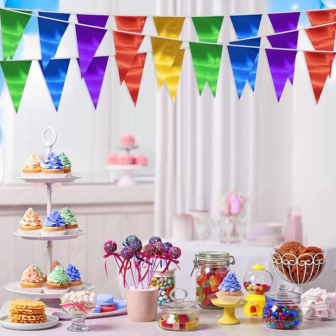 40M/130FT Colorful Triangle Pennant Banner Flag Metallic Fabric Bunting Garland for Christmas Graduation Birthday Wedding Engagement Bachelorette Holiday Halloween Celebration Hen Party Supplies
