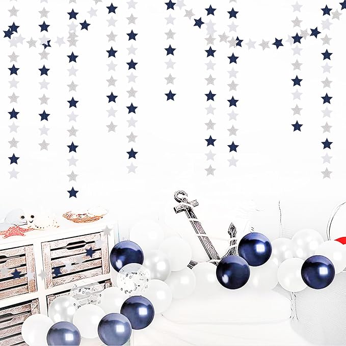 Navy-Blue White-Silver Party-Decorations Birthday Garland - 62ft Twinkle Little Star Hanging Streamers Banner,Wedding Bachelorette Bridal Baby Shower Graduation Decor Hugtmr